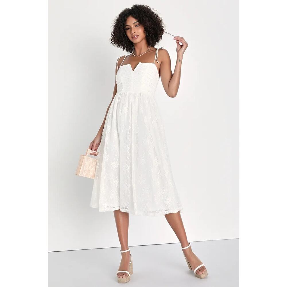 Lulus White Lace Midi Dress NWT Bridal Cottagecore Bridgerton Small
